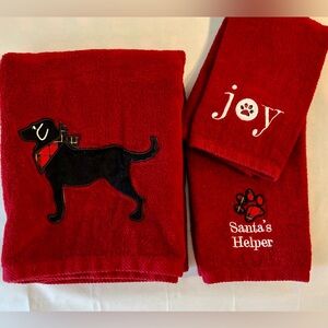 3 pc Essential Home Red Hand Towel Set Stitched Black Lab Dog paw print